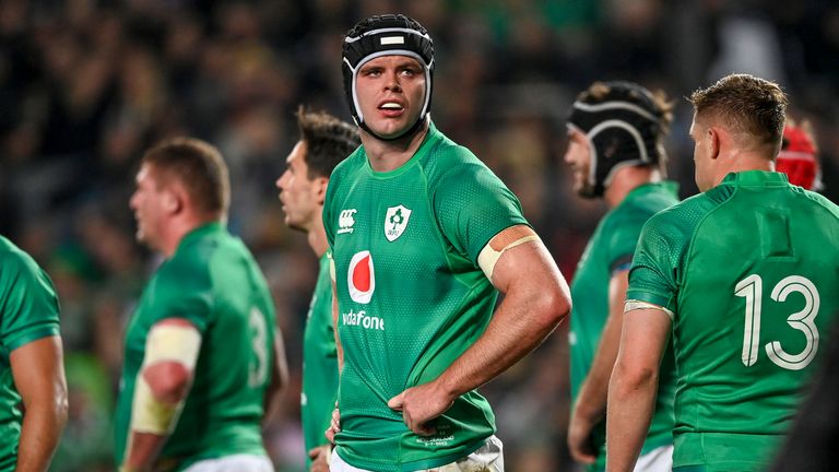 Ireland&#39;s James Ryan reacts during the rugby international between the All Blacks and Ireland at Eden Park in Auckland, New Zealand, Saturday, July 2, 2022. 