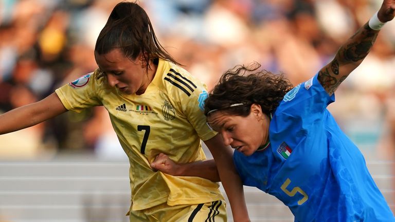 Belgium's Hannah Ohlins, left, and Italy's Elena Linari battle for the ball during the UEFA Women's Euro 2022 Group D match at Manchester City's Academy Stadium. Image Date: Monday, July 18, 2022.