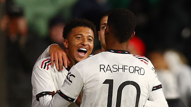 Jadon Sancho fired in Manchester United&#39;s third against Crystal Palace after he was played through by Anthony Martial