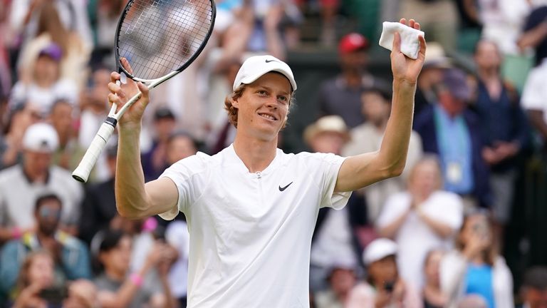 Jannik Sinner celebrates winning after his Gentlemen's Singles fourth round match against Carlos Alcaraz during day seven of the 2022 Wimbledon Championships at the All England Lawn Tennis and Croquet Club, Wimbledon. Picture date: Sunday July 3, 2022.