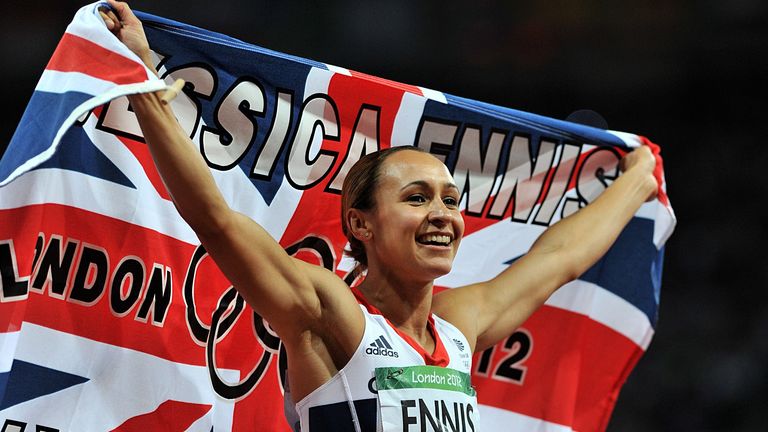 Jessica Ennis celebrates winning gold in the Women's Heptathlon after the 800 metres.