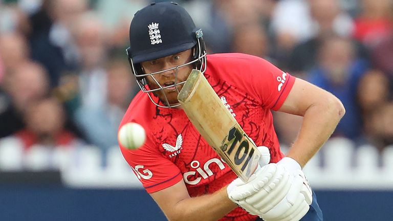 England&#39;s Jonny Bairstow plays a shot during the first T20 international cricket match between England and South Africa at Bristol County Ground, in Bristol, south-western England on July 27, 2022