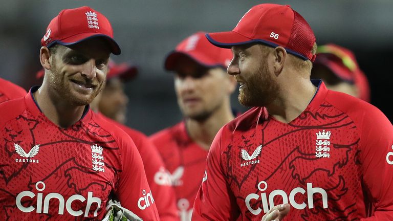 England players Jos Buttler and Jonny Bairstow smile after winning the first Vitality IT20 match at The Seat Unique Stadium, Bristol. Picture date: Wednesday July 27, 2022.