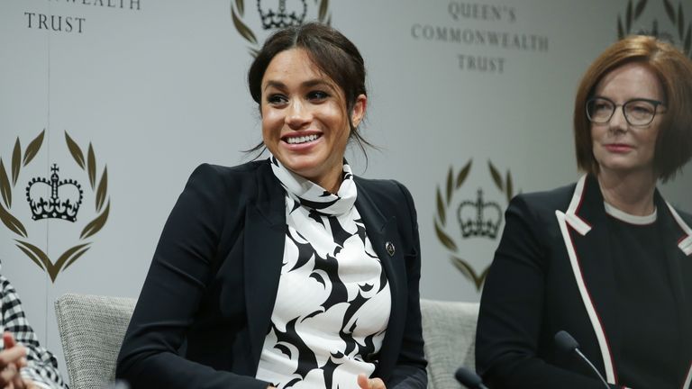 The Duchess of Sussex and Julia Gillard during a panel discussion convened by The Queen&#39;s Commonwealth Trust to mark International Women&#39;s Day at King&#39;s College.