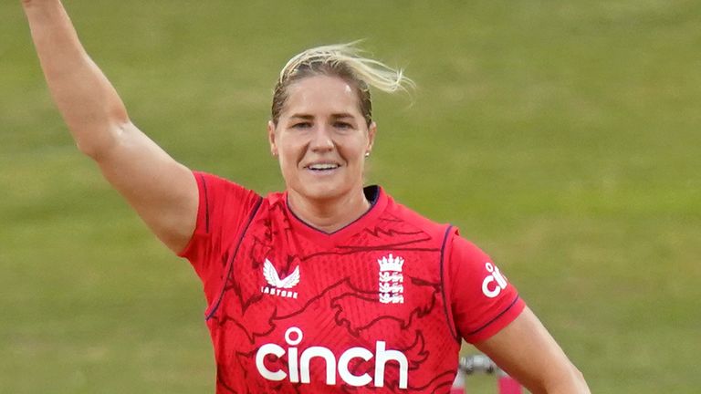 Katherine Brunt claimed her 100th wicket in T20 international cricket for England in their series-opening win over South Africa