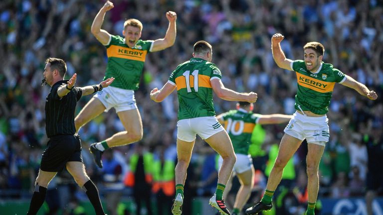 10 July 2022; Sean O'Shea of Kerry and his team mates Killian Spillane, left, and Adrian Spillane celebrate as referee Paddy Neilan blows the full time whistle to end the GAA Football All-Ireland Senior Championship Semi-Final match between Dublin and Kerry at Croke Park in Dublin. Photo by Ray McManus/Sportsfile