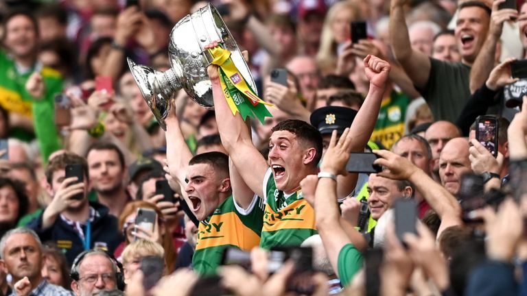 24 July 2022; Kerry captains Se..n O'Shea and Joe O'Connor lifts the Sam Maguire cup after the GAA Football All-Ireland Senior Championship Final match between Kerry and Galway at Croke Park in Dublin. Photo by Harry Murphy/Sportsfile