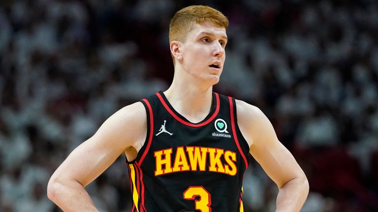 Atlanta Hawks guard Kevin Huerter stands on the court during the first half of Game 2 against the Miami Heat in the 2022 NBA Playoffs
