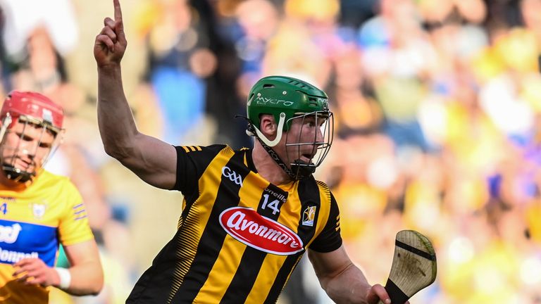 2 July 2022; Martin Keoghan of Kilkenny celebrates after scoring his side&#39;s first goal during the GAA Hurling All-Ireland Senior Championship Semi-Final match between Kilkenny and Clare at Croke Park in Dublin. Photo by Harry Murphy/Sportsfile