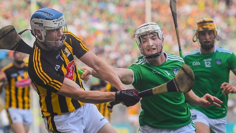 27 July 2019; TJ Reid of Kilkenny in action against Kyle Hayes of Limerick during the GAA Hurling All-Ireland Senior Championship Semi-Final match between Kilkenny and Limerick at Croke Park in Dublin. Photo by David Fitzgerald/Sportsfile