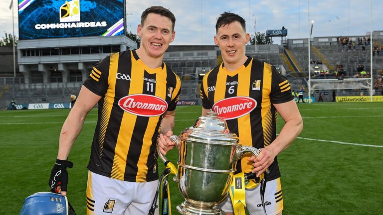 4 June 2022; TJ Reid, left, and Richie Reid of Kilkenny with the Bob O'Keeffe cup after the Leinster GAA Hurling Senior Championship Final match between Galway and Kilkenny at Croke Park in Dublin. Photo by Ramsey Cardy/Sportsfile
