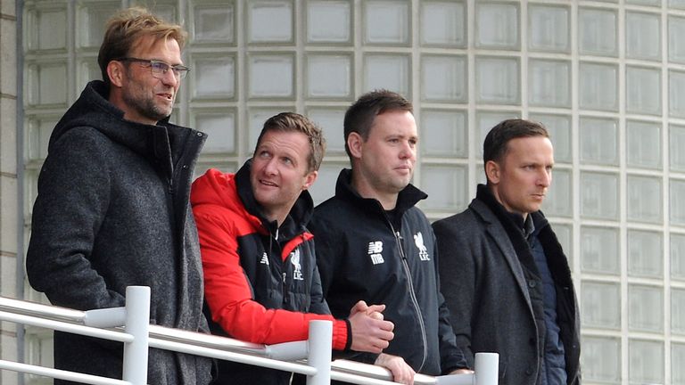 KIRKBY, ENGLAND - OCTOBER 10:  (THE SUN OUT, THE SUN ON SUNDAY OUT) New Liverpool Manager Jurgen Klopp (left) with Academy Director Alex Inglethorpe, U21 coach Michael Beale and First-Team Development Coach Pepijn Lijnders during the Liverpool v Stake City U18 Premier League game at the Liverpool FC Academy on October 10, 2015 in Kirkby, England.  (Photo by Nick Taylor/Liverpool FC via Getty Images)