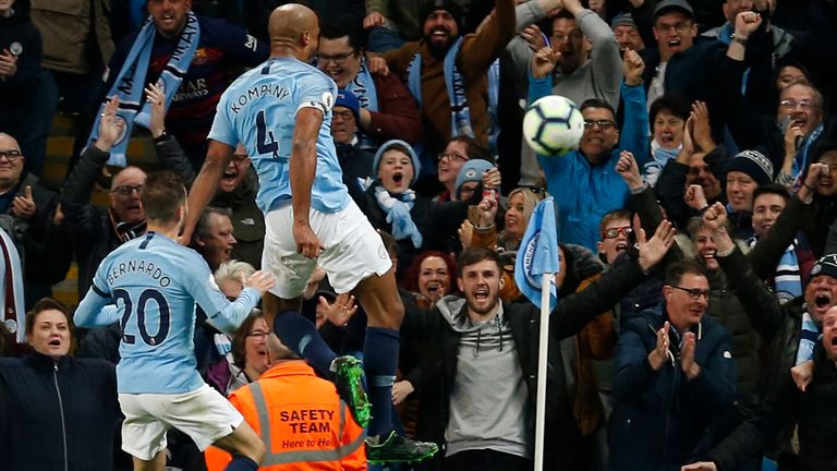 Vincent Kompany celebrates scoring against Leicester in 2019