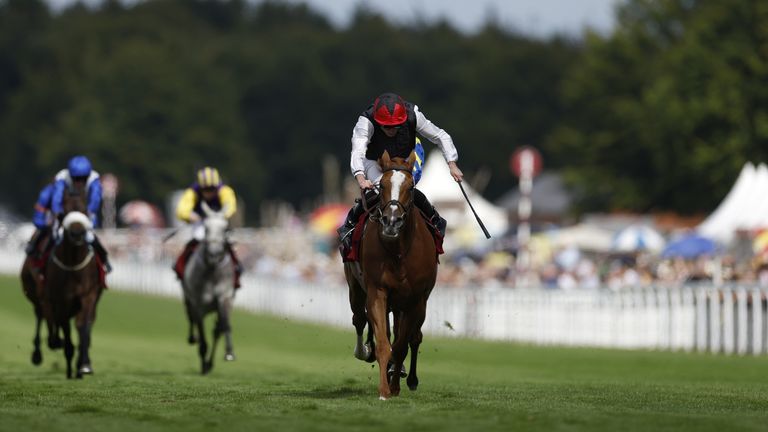 Kyprios and Ryan Moore cross the line in front in the Goodwood Cup