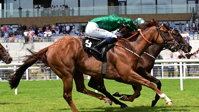 Ladies Church and Ben Coen (near side) get the better of Mooneista and Colin Keane to win the Group Two Sapphire Stakes