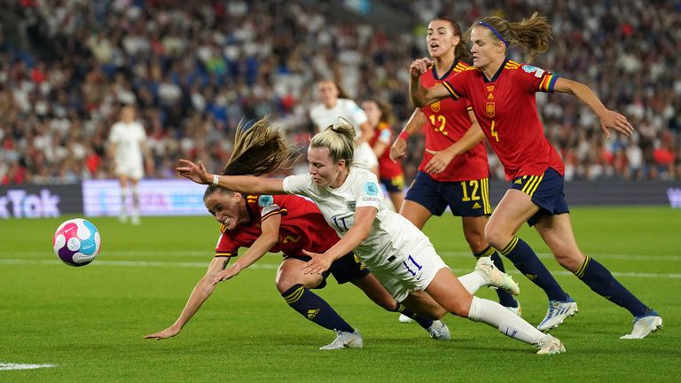 England were denied penalty appeals after Lauren Hemp found herself on the ground in the second half