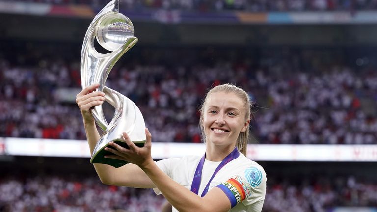 England captain Leah Williamson lifts the European Championship trophy following her side&#39;s victory against Germany at Wembley