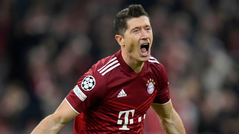 Bayern's Robert Lewandowski during the Champions League, second leg, quarter-final match between Bayern Munich and Villarreal at the Allianz Arena on Tuesday, April 12, 2022 in Munich, Germany Celebration after scoring the team's first goal during a football game. (AP Photo/Matthias Schrader, File)