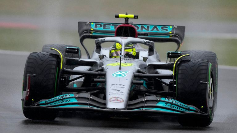 Mercedes driver Lewis Hamilton of Britain steers his car during the qualifying session for the British Formula One Grand Prix at the Silverstone circuit, in Silverstone, England, Saturday, July 2, 2022. The British F1 Grand Prix is held on Sunday July 3, 2022. (AP Photo/Frank Augstein)