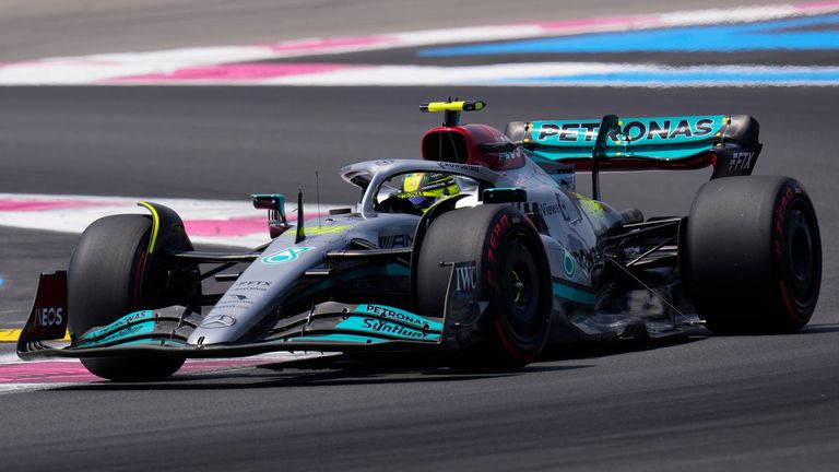Mercedes driver Lewis Hamilton of Britain steers his car during the third practice session for the French Formula One Grand Prix at Paul Ricard racetrack in Le Castellet, southern France, Saturday, July 23, 2022. The French Grand Prix will be held on Sunday. (AP Photo/Manu Fernandez)