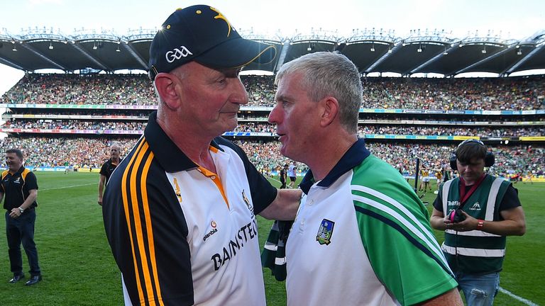 27 July 2019; Kilkenny manager Brian Cody and Limerick manager John Kiely shake hands following the GAA Hurling All-Ireland Senior Championship Semi-Final match between Kilkenny and Limerick at Croke Park in Dublin. Photo by David Fitzgerald/Sportsfile