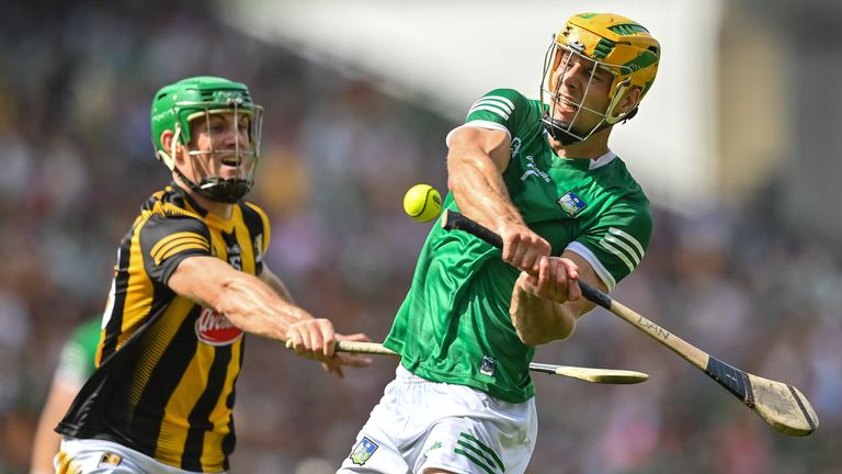 17 July 2022; Dan Morrissey of Limerick in action against Eoin Cody of Kilkenny during the GAA Hurling All-Ireland Senior Championship Final match between Kilkenny and Limerick at Croke Park in Dublin. Photo by Stephen McCarthy/Sportsfile