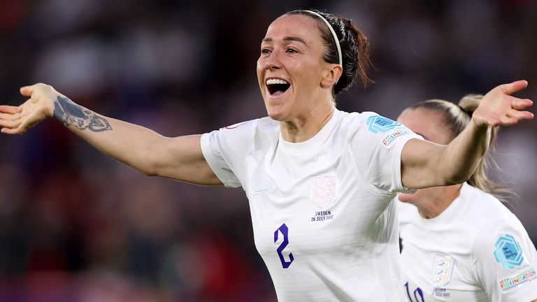 Lucy Bronze celebrates scoring England's second goal against Sweden in the Euro 2022 semi-final at Bramall Lane