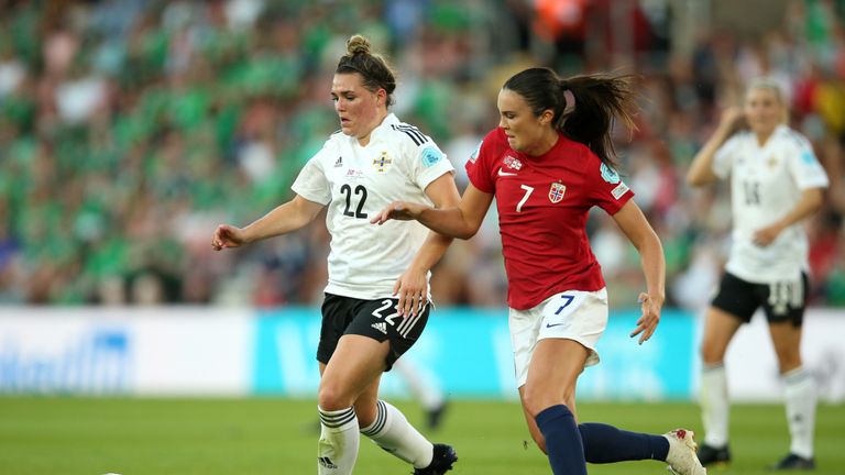 Northern Ireland's Abbie Magee (left) and Norway's Ingrid Syrstad Engen battle for the ball during the UEFA Women's Euro 2022 Group A match at St Mary's Stadium, Southampton. Picture date: Thursday July 7, 2022.
