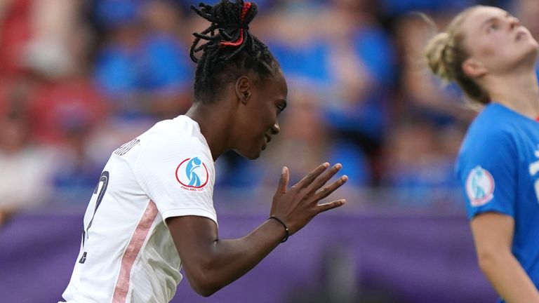 France&#39;s Melvine Malard (centre) celebrates scoring their side&#39;s first goal of the game during the UEFA Women&#39;s Euro 2022 Group D match at the New York Stadium, Rotherham. Picture date: Monday July 18, 2022.