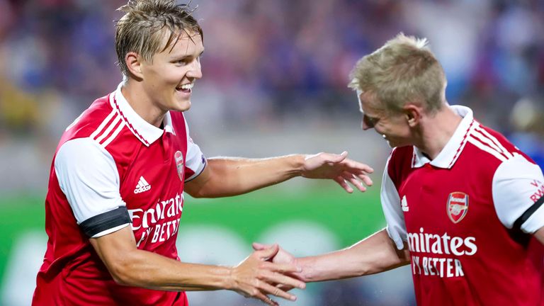 ORLANDO, FL - JULY 23: - Arsenal midfielder Martin Odegaard (8) scores the 2nd goal of the game during the FC Series soccer match between Arsenal FC and Chelsea FC on July 23rd at Camping World Stadium in Orlando, FL. (Photo by Andrew Bershaw/Icon Sportswire) (Icon Sportswire via AP Images)