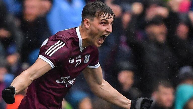 26 June 2022; Matthew Tierney of Galway celebrates scoring the last penalty during the GAA Football All-Ireland Senior Championship Quarter-Final match between Armagh and Galway at Croke Park, Dublin. Photo by Ray McManus/Sportsfile