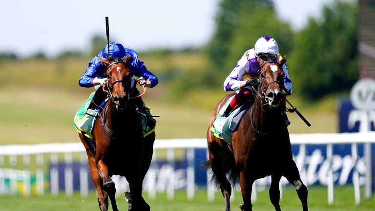 Mawj (left) and Lezoo battle it out in the Duchess Of Cambridge Stakes at Newmarket