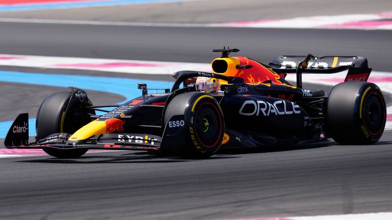 Red Bull driver Max Verstappen of the Netherlands steers his car during the third practice session for the French Formula One Grand Prix at Paul Ricard racetrack in Le Castellet, southern France, Saturday, July 23, 2022. The French Grand Prix will be held on Sunday. (AP Photo/Manu Fernandez)