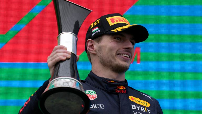  Max Verstappen celebrates on the podium after winning the Hungarian Grand Prix