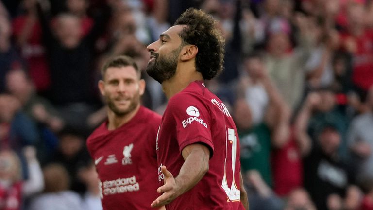 Mo Salah celebrates after putting Liverpool 2-1 up in the Community Shield