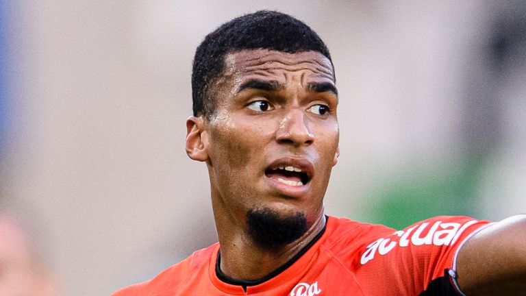  Moritz Jenz of FC Lorient gestures during the Ligue 1 Uber Eats match between RC Strasbourg and FC Lorient at Stade de la Meinau on October 31, 2021 in Strasbourg, France. (Photo by Marcio Machado/Eurasia Sport Images/Getty Images)