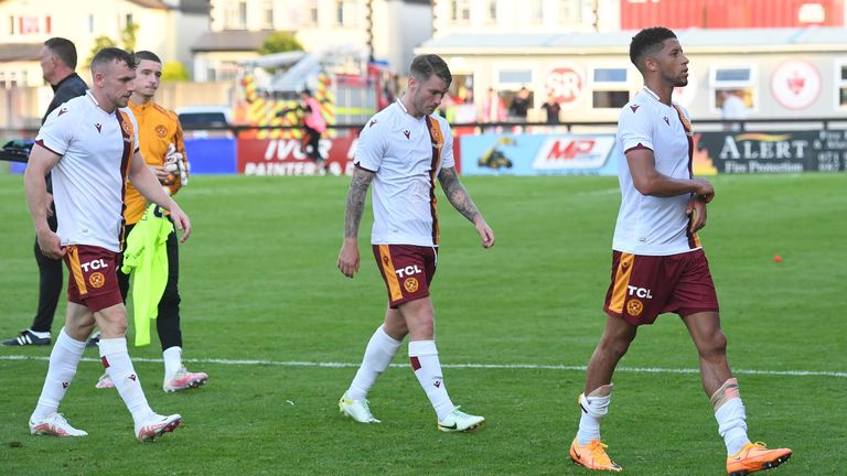 SLIGO, IRELAND - JULY 28: (L-R) Motherwell&#39;s Connor Shields, Callum Slattery and Jake Carroll at full time during a Europa Conference League qualifying match between Sligo Rovers and Motherwell at The Showgrounds Stadium, on July 28, 2022, in Sligo, Ireland.  (Photo by Craig Foy / SNS Group)