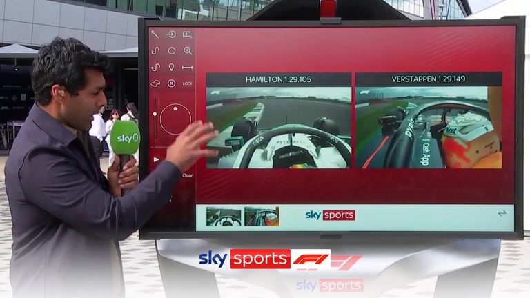 Karun Chandhok de Sky F1 est au SkyPad pour analyser les tours les plus rapides de Lewis Hamilton et Max Verstappen lors des deuxièmes essais à Silverstone.