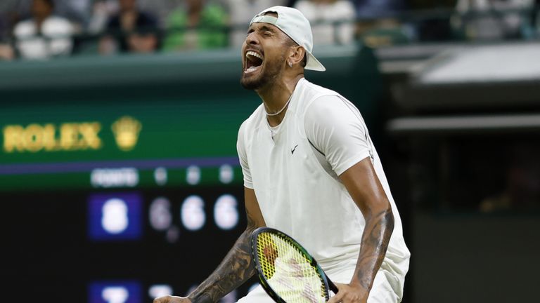 Nick Kyrgios reacts after winning his Men&#39;s Singles third round match against Stefanos Tsitsipas during day six of the 2022 Wimbledon Championships at the All England Lawn Tennis and Croquet Club, Wimbledon. Picture date: Saturday July 2, 2022.