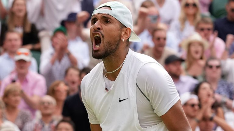 Australia's Nick Kyrgios reacts after winning a point against Brandon Nakashima of the US in a men's singles fourth round match on day eight of the Wimbledon tennis championships in London, Monday, July 4, 2022. (AP Photo/Alberto Pezzali)