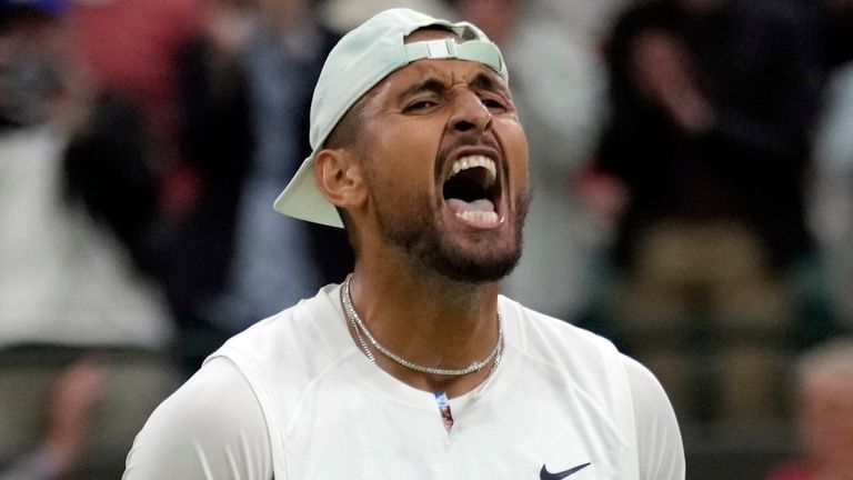 Australia's Nick Kyrgios celebrates beating Greece's Stefanos Tsitsipas in the third round at Wimbledon