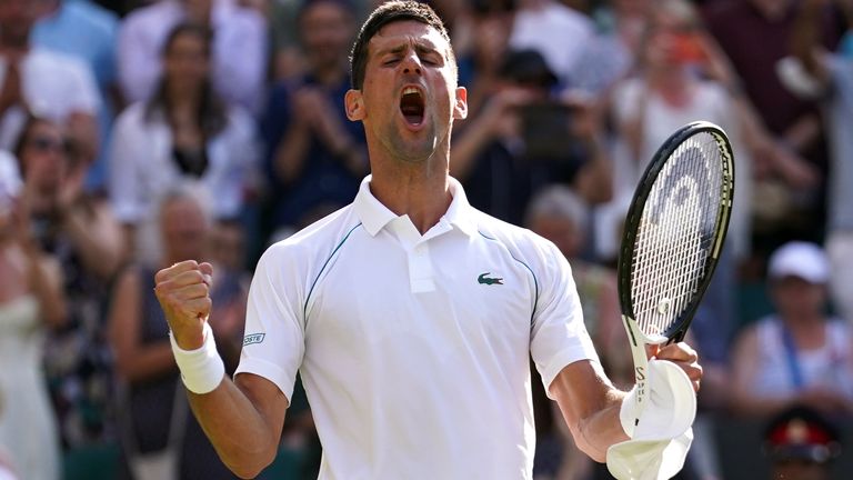 Novak Djokovic celebrates victory in the Gentlemen's Singles Semi Final against Cameron Norrie on day twelve of the 2022 Wimbledon Championships at the All England Lawn Tennis and Croquet Club, Wimbledon. Picture date: Friday July 8, 2022.