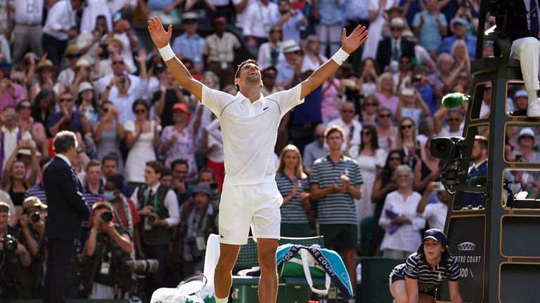 Novak Djokovic celebrates victory over Nick Kyrgios during the Gentlemen's Singles Final on Day 14 of the 2022 Wimbledon Championships at the All England Lawn Tennis and Croquet Club, Wimbledon.  Drawing date: Sunday, July 10, 2022