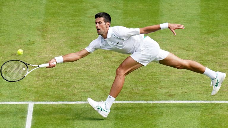 Novak Djokovic in action during his Gentlemen�s Singles third round match against Miomir Kecmanovic during day five of the 2022 Wimbledon Championships at the All England Lawn Tennis and Croquet Club, Wimbledon. Picture date: Friday July 1, 2022.
