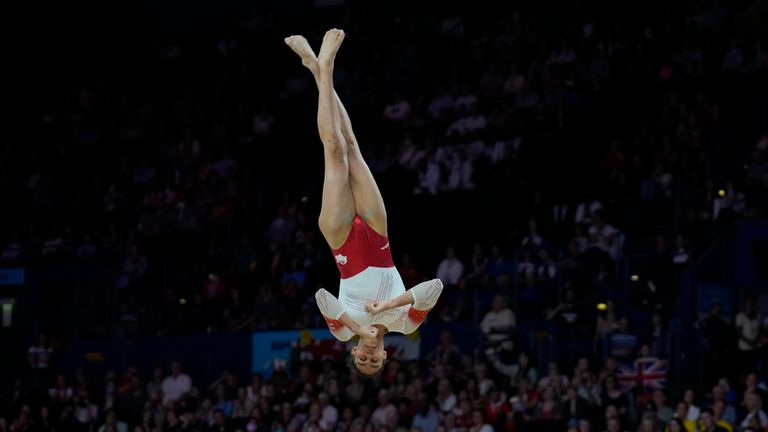 Ondine Achampong of England performs on the floor during the women's team final
