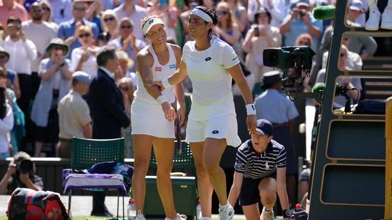 Jabeur (right) edged an entertaining Centre Court encounter to remain on course to be the first woman from an Arab country and the continent of Africa to win a Grand Slam