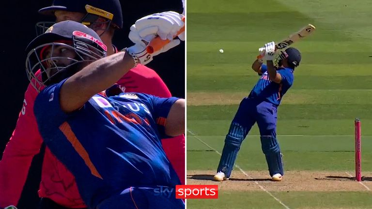 Rishabh Pant plays the helicopter pull against England in the second T20 of the series