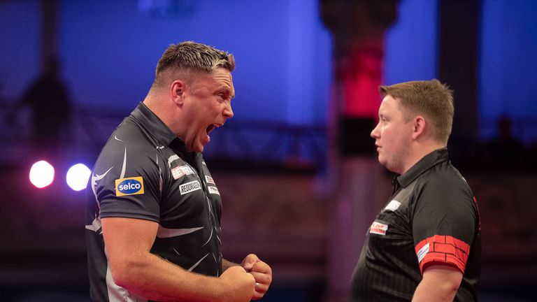 Gerwyn Price celebrates on Day 3 of the World Matchplay against Martin Schindler