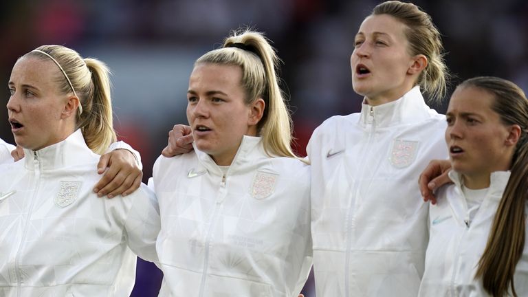 Left to right, England&#39;s Rachel Daly, Beth Mead, Lauren Hemp, Ellen White and Fran Kirby line up before the UEFA Women&#39;s Euro 2022 Group A match at St Mary&#39;s Stadium, Southampton. Picture date: Friday July 15, 2022.