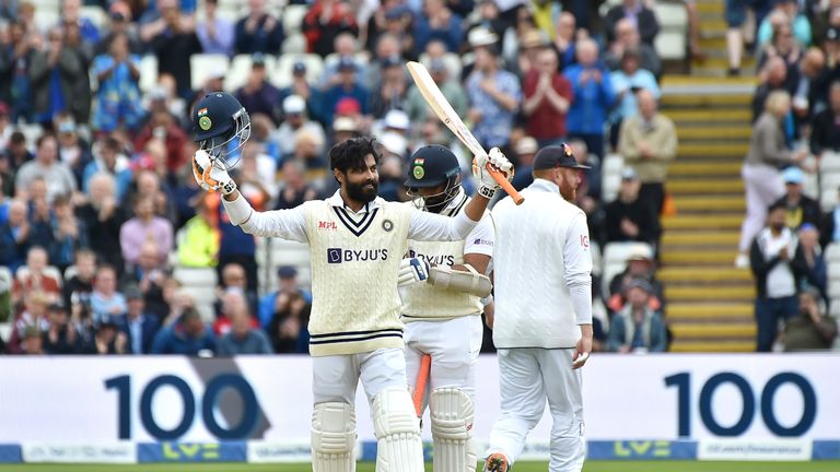 India&#39;s Ravindra Jadeja celebrates after reaching a century during the second day of the fifth cricket Test match between England and India at Edgbaston in Birmingham, England, Saturday, July 2, 2022.